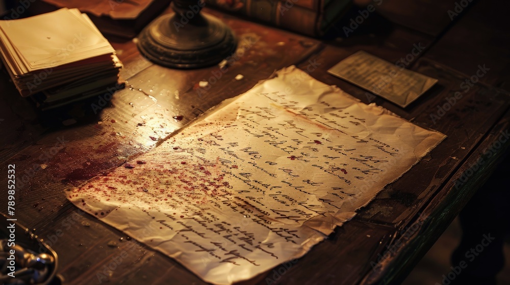 A blood-stained letter with old-fashioned handwriting, lying on a ...