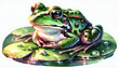 Serene Watercolor Hand Drawing of Amphibian Aura: A Frog Sits on a Lily Pad with Reflective Eyes in Close-Up Double Exposure Photo � Stock Construction Concept