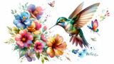 Fototapeta Motyle - Watercolor Hand Drawing: Fluttering Petals - A Hummingbird Capturing the Essence of Nature Dance in Close Up Small Animal Double Exposure Photo - Stock Construction Concept
