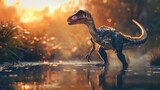 Fototapeta  - AI-generated majestic dinosaurs in a prehistoric landscape. Raptor. Vivid colors and intricate details bring these ancient creatures to life. The concept of time when dinosaurs ruled the Earth.