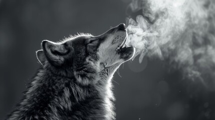 Poster - A black and white photo of a wolf with its mouth open