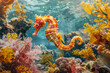 Whimsical seahorse swimming among coral reefs in a clear blue ocean.