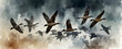 Watercolor Hand Drawing of Geese Flying Through Smoky Skies: A Juxtaposition of Freedom and Pollution