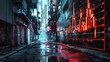 © INT888 - A digital art masterpiece in the cyberpunk style. A holographic stock chart, displaying a bearish trend, hangs in the foreground. Behind it, a dark alley bathed in neon light provides the backdrop.