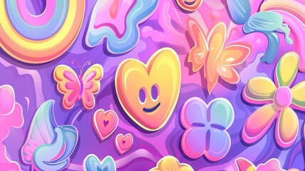 Wall Mural - Modern illustration in the style of a 70s psychedelic poster with hippie characters, funny flowers, hearts, butterflies, and peace signs.
