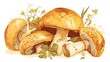 A vibrant 2d illustration showcasing fresh mushrooms set against a pristine white background