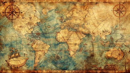 A highly detailed old world map with a compass and two ships.