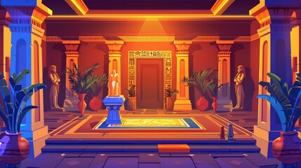 Wall Mural - Old Egyptian pyramid interior at night with throne, statues, plants, vases and columns.