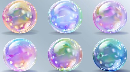 Poster - Modern set of 3D glass or soap transparent rainbow spheres. Iridescent foam bubbles with rainbow reflections. Abstract glossy fluid balls with rainbow reflections, modern realistic design.
