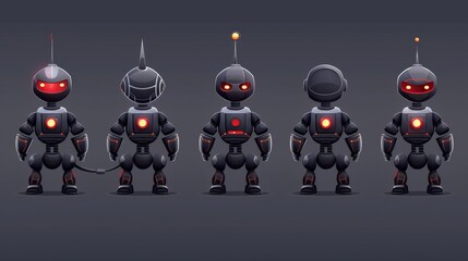 Poster - Black AI robot evolution character tech infographic modern. Future humanoid artificial intelligence cyborg with antenna and angry red eyes. Gamers generation fighting or defending.