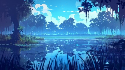 Wall Mural - The forest swamp landscape background of a fantasy game. Wildlife scene with a lake and beautiful nature park environment. Deciduous wild wetland area with tree silhouettes in the foreground.