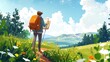 A young man travels outdoors on a path way in a meadow filled with flowers and green grass. Cartoon modern of an active trekker having fun.