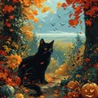 bookmark with a black cat design, halloween, 2d vector art, simplistic, cartoon, minimalist, soft colors