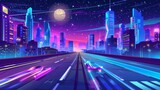 Fototapeta  - Night city highway with traffic speed effect. Modern cartoon illustration of neon windows, modern skyscrapers, street lighting along highway, fast transport motion trails, starry sky.