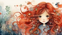 A Watercolor Painting Of A Girl With Long, Flowing Red Hair. She Is Standing In A Field Of Flowers And The Wind Is Blowing Her Hair Around Her. The Background Is A Soft, Light Blue.