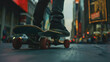 A sleek skateboard gliding along a city street.