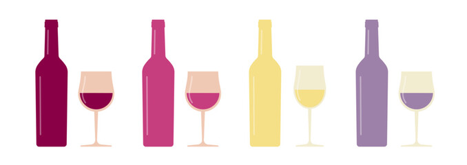 Poster - Wine bottle and glasses types icon vector, rose red white purple pink silhouette shapes illustration graphic set simple pictograms for menu image clip art modern design