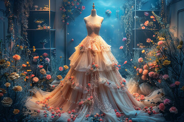 Fabulous handmade designer wedding dress with layers of tulle and delicate beadwork is displayed on a mannequin in a dreamy bridal salon, surrounded by floral arrangements