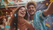 Dynamic duo: energetic portrait of a happy man and woman immersed in fun activities at a sunny outdoor party in the company of cheerful companions