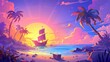 A pirate ship moored on a secret island, with a treasure chest at sunset. A filibuster digging for loot at the beach, with palm trees in the background. Adventure book or game scene, cartoon modern