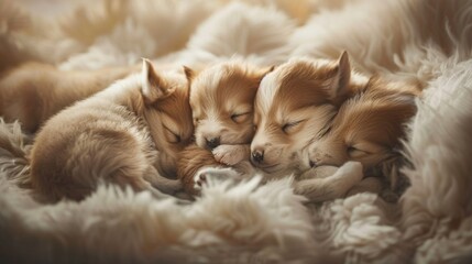 Canvas Print - Three puppies are sleeping on a fluffy blanket