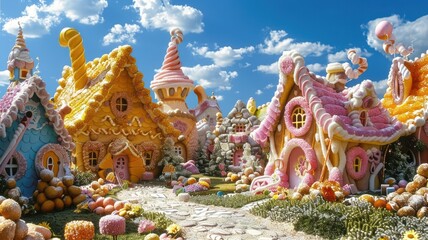 A whimsical digital painting of a candy land with colorful candy houses and flowers.