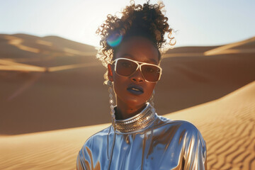 Wall Mural - Portrait of black female model wearing sleek futuristic metallic silver outfit on golden sand dunes under clear sky