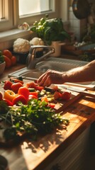 Wall Mural - A person chopping vegetables on a cutting board