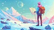 Traveler stands in front of snowy rocky landscape looking for route. Lost tourist in winter mountains, explorer extreme hiking adventure, cartoon illustration.