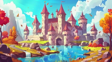 Sticker - Cartoon illustration of fairy tale kingdom palace with turrets surrounded by water, rocky road leading to fantasy fortress gate.
