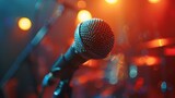 Fototapeta  - Close-up of a microphone on stage with colorful blurred lights in the background.