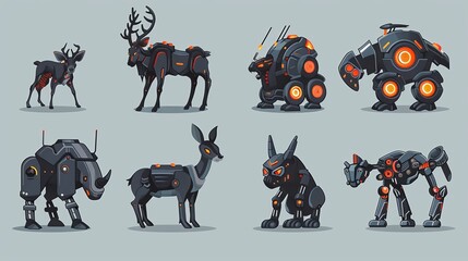 Poster - Animated set of mechanical animals, deer, cat, dog, wasp, rhinoceros and rabbit. Modern cartoon set of angry animals, mechanical rhinoceros, reindeer, puppy isolated on gray background.