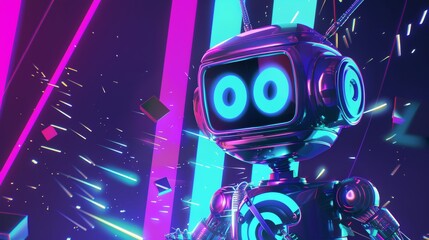 Poster - AI technology banners with cute robots and infinity symbol hologram. Modern posters with cartoon illustrations of smart machines and virtual assistants.