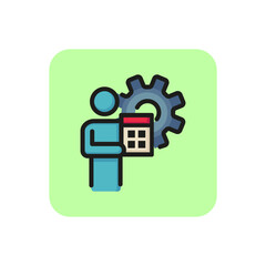 Poster - Man with calculator line icon. Gear, budget automation, accounting. Finance and accounting concept. Can be used for topics like money, accounting service, budget program.