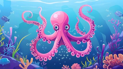 Canvas Print - Kraken legendary monster with long tentacles, ocean wildlife creature, cartoon illustration of octopus underwater with pink skin and corals.