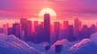 Cityscape over clouds with skyscrapers on a background of evening red and purple sky. Modern cartoon illustration of cityscape over clouds.