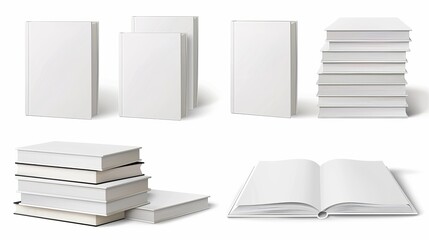Poster - Modern realistic mock-up of 3d lying closed catalog, pile of textbooks, pile of diaries and dictionaries with empty hardcovers.