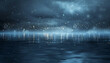 An abstract landscape in midnight blue and silver, where defocused lights twinkle like distant stars reflected on a calm, dark ocean. The scene is tranquil and deep.