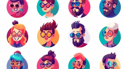 Canvas Print - Modern illustration of male and female portraits with hairstyles, glasses, and beards in trendy art style.