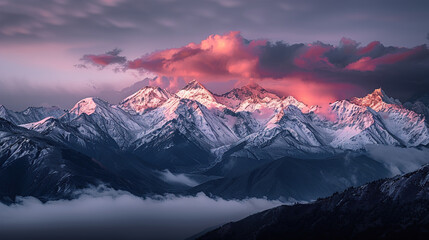 The scene of a sea of clouds illuminated by golden light on the top of a snowy mountain