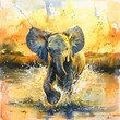 An elephant calf running through a river, with water splashing around it. The background is a sunset in warm colors. The style is semi-realistic, with a focus on capturing the movement and energy of t