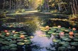 Painting of a pond with lily pads and trees in the background