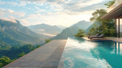 Poster - Infinity pool. Pool Terrace and Mountain View. infinity pool above the Mountains in the morning in front of beautiful nature views