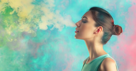 Side view of young woman blowing smoke from mouth or nose, smoking concept on pastel multicolor background.