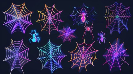 Wall Mural - Set of Halloween spider webs, cobwebs, and spooky insect nets isolated on a black background, Cartoon modern illustration, clipart.