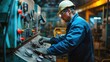 An engineer in workwear and helmet is operating a machine in a factory, engaged in mass production of composite materials with the use of gas and metal. AIG41