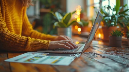 Woman in yellow sweater works on laptop at wooden table decorated with plants