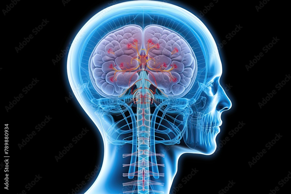 An anatomical illustration showing a human head with the frontal lobe ...