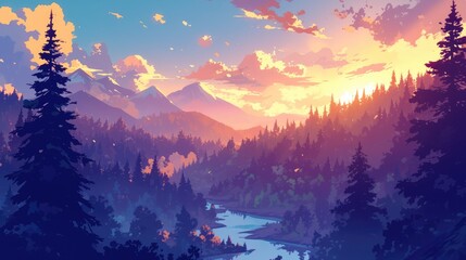 Wall Mural - A picturesque cartoon scene set in a forest complete with majestic mountains a flowing river and lush fir trees all beneath the colorful backdrop of a stunning sunrise or sunset This illust