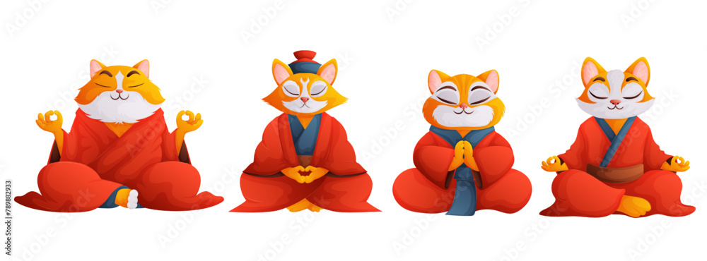 Cartoon vector set of meditating cats. An orange cat with white fluff ...